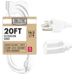 20 Foot Outdoor Extension Cord - 16/3 SJTW White 16 Gauge Electrical Cable with 3 Prong Grounded Plug
