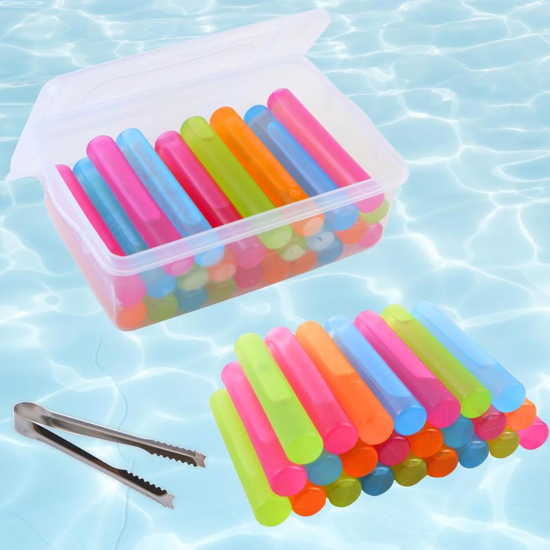 24 Pack Reusable Ice Cube with Lid and Bin, Plastic Ice Cubes for Drinks BPA Free, Washable Freezable Ice Sticks for Water Bottles, Whiskey, Vodka, Coffee, Beer, Wine