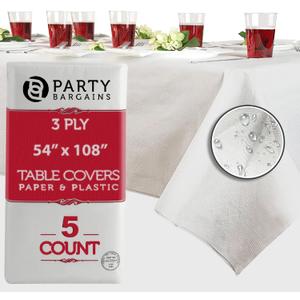 PARTY BARGAINS 5 Disposable Table Covers - 54" X 108", 3 Ply Paper & Plastic White Table Cover