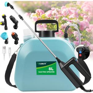 Battery Powered Sprayer 2 Gallon, 2025 Upgrade Electric Sprayer with 3 Adjustable Speed, Battery Indicator, 4 Mist Nozzles, Rechargeable Retractable Wand with Adjustable Shoulder Strap for Lawn Garden (Blue)