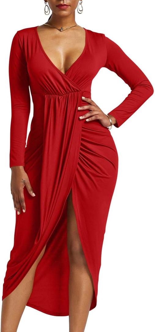 GOBLES Women's Sexy Long Sleeve V Neck Wrap Ruched Front Slit Midi Party Dress (Large, Red)