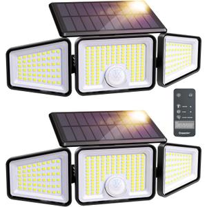 Ensenior Motion Sensor Outdoor Lights, 220 LED IP65 Waterproof Solar Security Light with Remote Control, 3 Heads Solar Flood Light Outdoor with 4 Modes, 270 Wide Angle Motion Light for Outside -2Pack