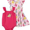 Disney Princess Baby Girls Bodysuit and Round Neck Ruffle Sleeve Dress Clothes Outfit Set for Infant Hot Pink 6-9 Months