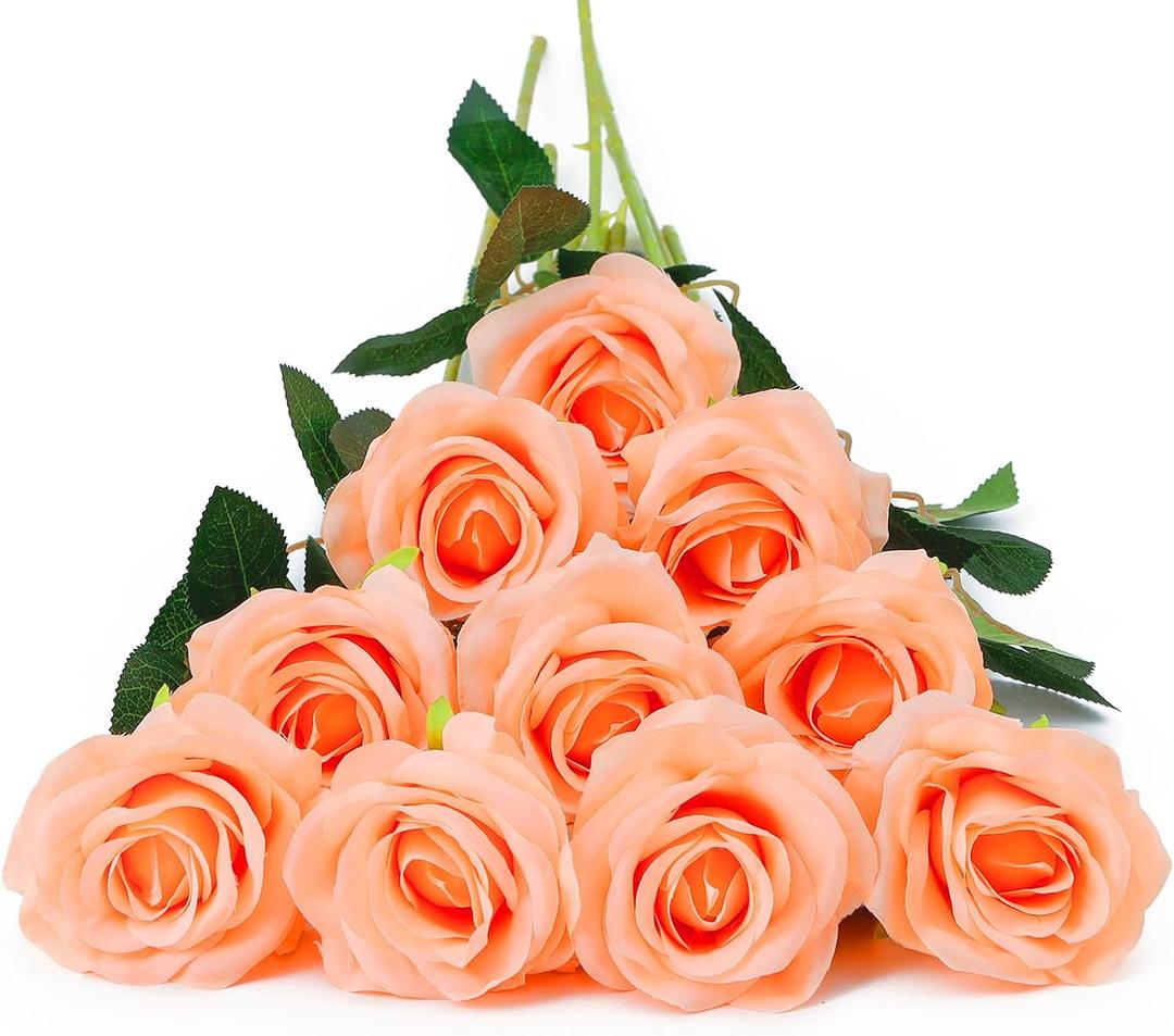 DuHouse 10pcs Fake Roses Artificial Silk Flowers Faux Rose Flower Long Stems Bouquet for Arrangement Wedding Centerpiece Party Home Kitchen Decor (Peach Fuzz)