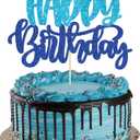 Gyufise 1Pcs Happy Birthday Cake Topper Glitter Cake Pick for Celebrating Anniversary Theme Party Cake Decorations Supplies Blue