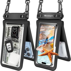 Niveaya Double Space Waterproof Phone Pouch - 2 Pack, Waterproof Phone Lanyard Case with iPhone 16/15/14/13/12 Pro Max up to 8.3", Phone Dry Bags for Vacation Beach Pool Kayak Cruise Travel Essentials (Black+ Black)