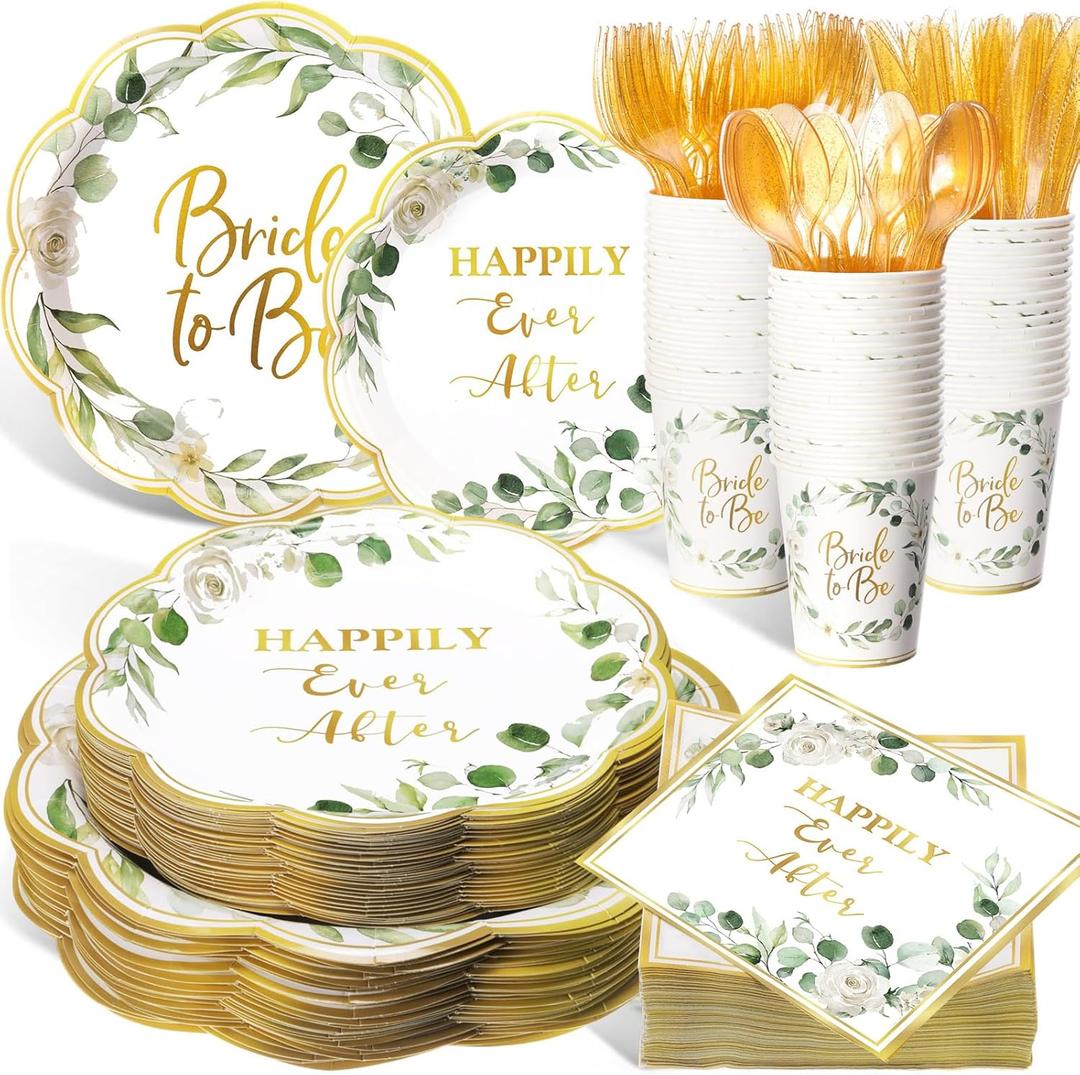 Pickmesh 400 Pcs Sage Green Bridal Shower Party Supplies Eucalyptus Leaves Bride to Be Happy Ever After Disposable Paper Plates Napkins Cups Cutlery Set for Wedding Bachelorette Party Decorations