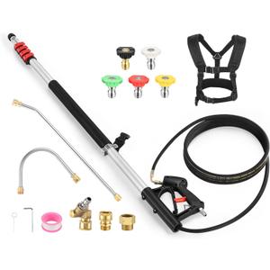 24FT Pressure Washer Telescoping Wand, Power Washer Extension Wands with 5 Spray Nozzle Tips, Stainless Steel Curve Wands, Pivoting Coupler and Support Harness, 4000 PSI