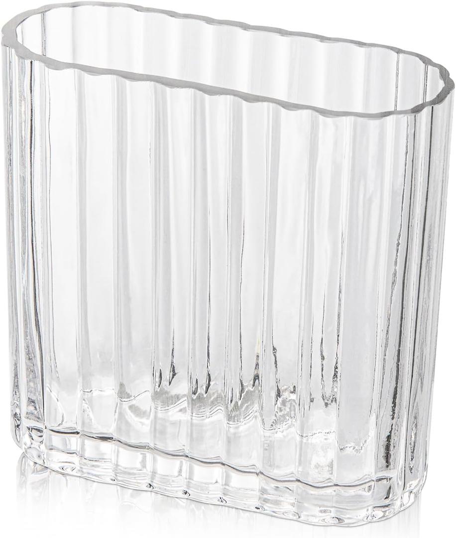 Clear Glass Vase 5.5 Inch Ribbed Vase for Flowers Unique Fluted Vase for Centerpiece Decorative Modern Vase for Wedding Dinning Living Room Table Home Office (Style 1)