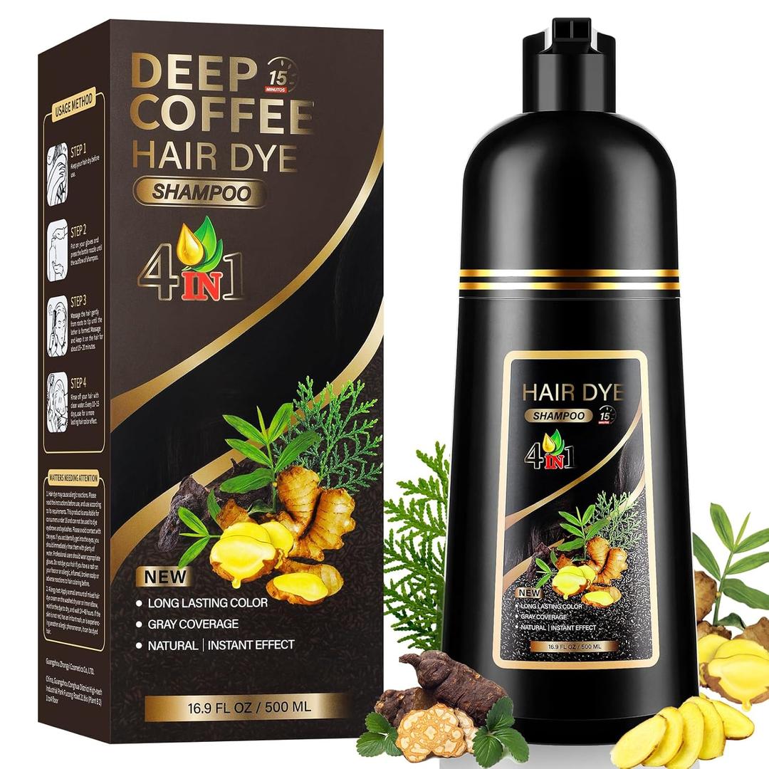 4 in 1 Deep Coffee Hair Dye Shampoo for Gray Hair, Semi-Permanent Instant Hair Color Shampoo for Women and Men, Herbal Ingredients Shampoo and Hair Care, 100% Grey Coverage 500ml