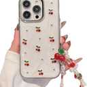 Cute Case for iPhone 15,Red Cherry Pearls with Phone Charm Chain,Pearlized Fruit Case for Women Girls Designed Shockproof