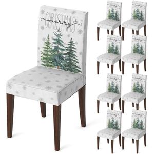 Horaldaily 8PCS Christmas Dining Chair Covers,White Christmas Pine Trees Stretch Removable Washable Slipcover Chair Protector for Dining Room Home Decor