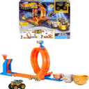 Hot Wheels Monster Trucks Toy Truck & Track Set, Loop-and-Flip Trophy Challenge Playset & 1:64 Scale 50th Anniversary Die-Cast Bigfoot, 2 Ways to Play