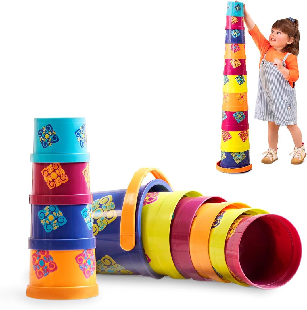 B. toys- Stacking Buckets  10 pcs  Sort & Stack Colorful Nesting Cups  Bath & Backyard  Stackable Learning Toy  Toddler, Kids Bazillion Buckets- 18 months +