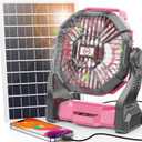 30000mAh Solar Fan with LED Lantern, 10W Solar Panel Rechargeable Battery Powered Camping Fan for Outside, 9 Inch Portable Battery Operated Hurricane Supplies for Picnic, Barbecue, Fishing, Travel (Pink)