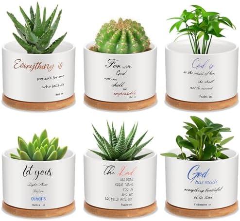 Mifoci 6 Pcs Bible Verse Succulent Pot Christian Bible Verse Gifts Set Ceramic Mini Floral Succulent Planters with Bamboo Tray 3 x 3 x 2 Inches Plant Pots Decorative for Garden Birthday