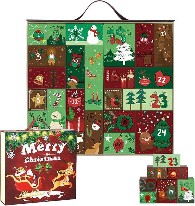 Christmas Advent Calendar 2025, Empty Advent Calendar to Till Yourself, 24 Days Christmas Countdown Advent Calendar, Reusable Xmas Gifts Boxes for Boys Girls Teens Adults