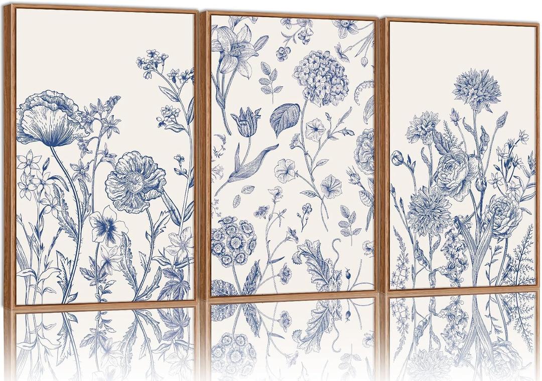Tinonedraw Large Classic Chinoiserie Flower Framed Canvas Wall Art Set, Navy Blue and White Floral Wall Decor, Minimalist Neutral Botanical Art Printing for Living Room Bedroom Office Dorm 16"x24"x3