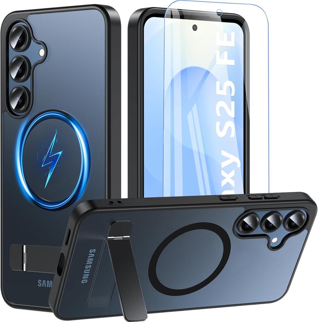 for Samsung Galaxy S25 Fe Case with Stand&Screen Protector,Strong Magnetic Galaxy S25 Fe Phone Case[Adjustable 3 Kickstand Ways] Military Protection Slim Shockproof Cover for Samsung S25 Fe 5g,Black