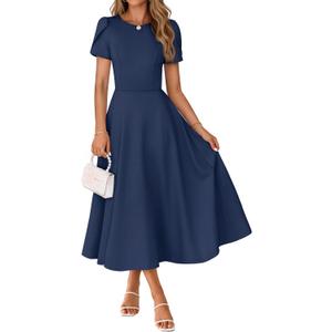 MEROKEETY Women's 2026 Summer Midi Dresses Short Sleeve Crewneck A Line Pleated Wedding Guest Flowy Long Dress with Pockets, Navy, Large