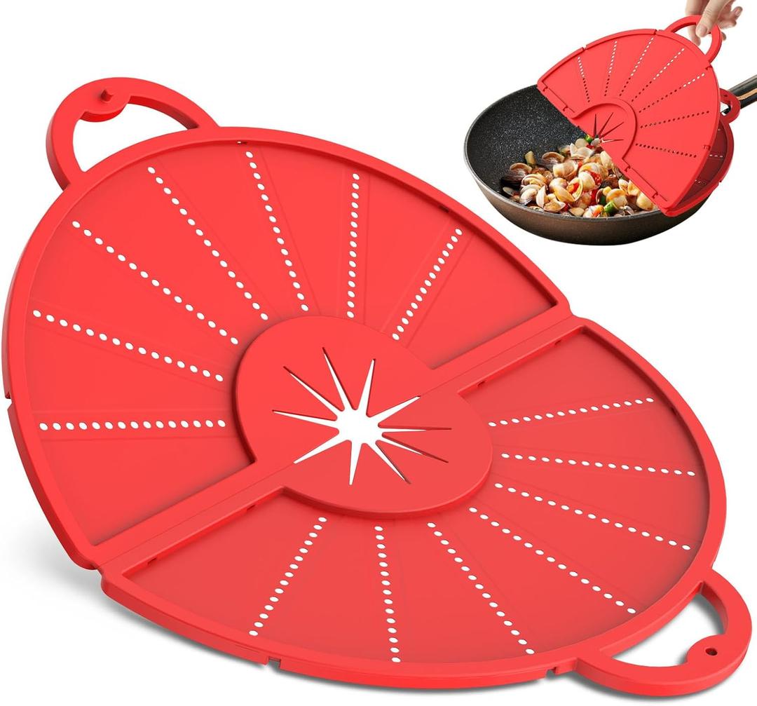 Silicone Splatter Screen for Frying Pan, Foldable Splash Guard, Multi-Use Grease Splatter Guard,Heat-Resistant Trivet Mat, 12" Non-Stick Oil Splatter Guard, Dishwasher Safe, BPA Free-red