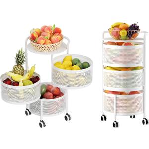 JAQ No Assembly Integrated Rotating Storage Cart, 3-Tier Rolling Storage Cart with Wheels, Solid Carbon Steel Onion Potato Storage, Kitchen Storage Cart, Vegetable Storage Cart, White