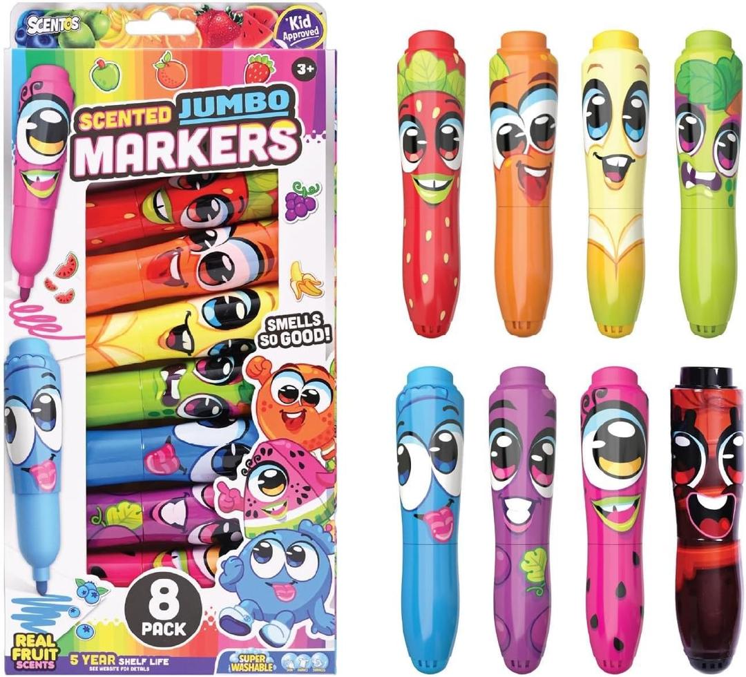 Scentos Scented Jumbo Markers 8 Pack, With Fruit Scent, 8 Colors, Different Fruity Each, Washable Markers, Marker for Kids, Kid Approved, Non Toxic Chunky, Design for Little Hands, Super Washable Ink.