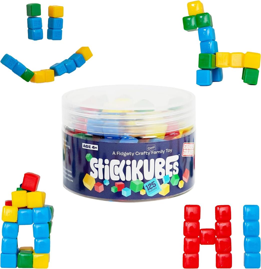 KOMARC GAMES StickiKubes, Mini Stacking Cubes That Stick to Anything, Non Toxic Kid Safe Sticky Blocks, Creative Construction Toy - 125 Cubes, 4 Colors, Tub (Rainbow)