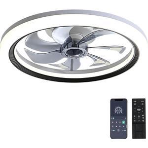 20" Ceiling Fan With Lights and Remote, Low Profile, 6 Wind Speeds, Dimmable Light, White Flush Mount, Smart Modern for Home (Black+ Grey)