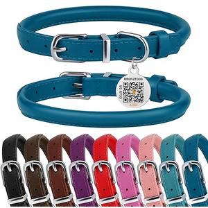 BRONZEDOG Rolled Leather Dog Collar for Small Medium Large Dogs with QR ID Tag (S: 12-14 Inch, Ocean Blue)