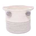 RengaoRise Small Woven Basket With Handles Pom Pom, 9.8 x 9.8 x 7.8 inch Grey-White Round Cute Cotton Rope Decorative Empty Gift Basket for Baby Shower, Easter, Valentine's Day