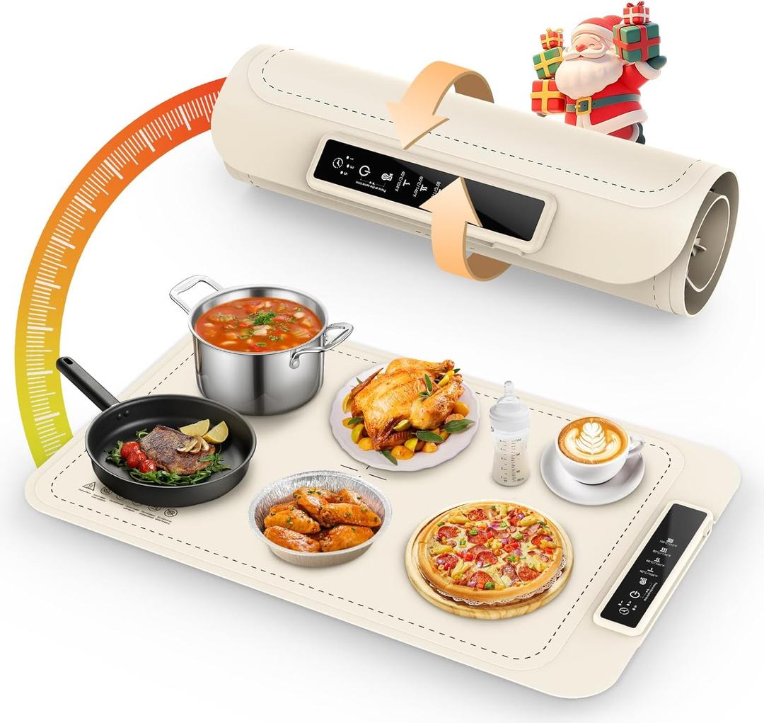 Warming Mat for Food - Electric Silicone Food Warming Tray for Buffet, Rollable Food Warmer Mat for Countertop, Fast Heating Mat with Timer and 4 Heat Levels, Portable Heating Pad for Parties Family (Beige)