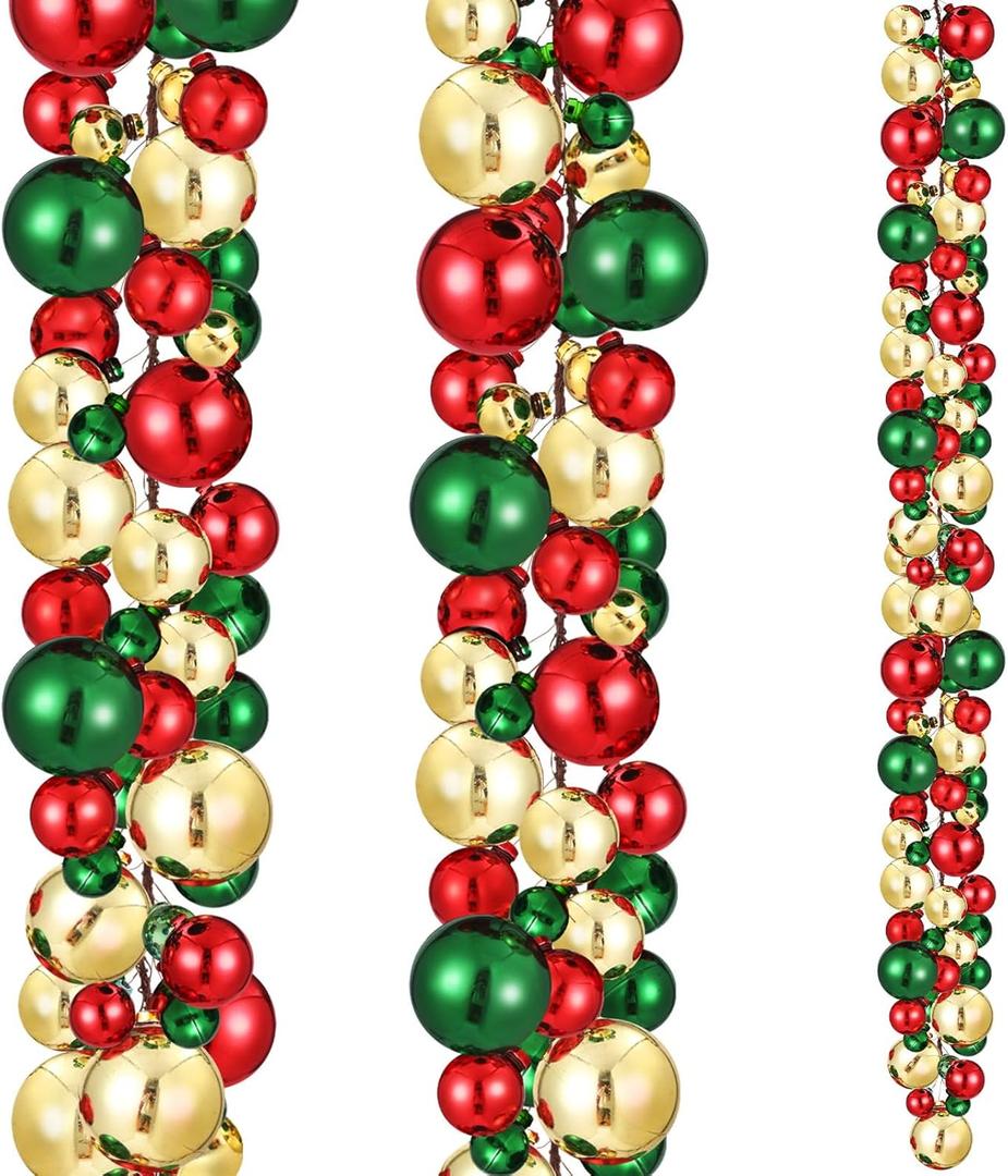 2 Pcs Christmas Ball Garland 6 ft Ball Ornaments Christmas Bulb Garland Xmas Tree Bauble Decorations for Party Supplies Indoor Outdoor Home Office Decoration Accessories(Red,Green,Gold)