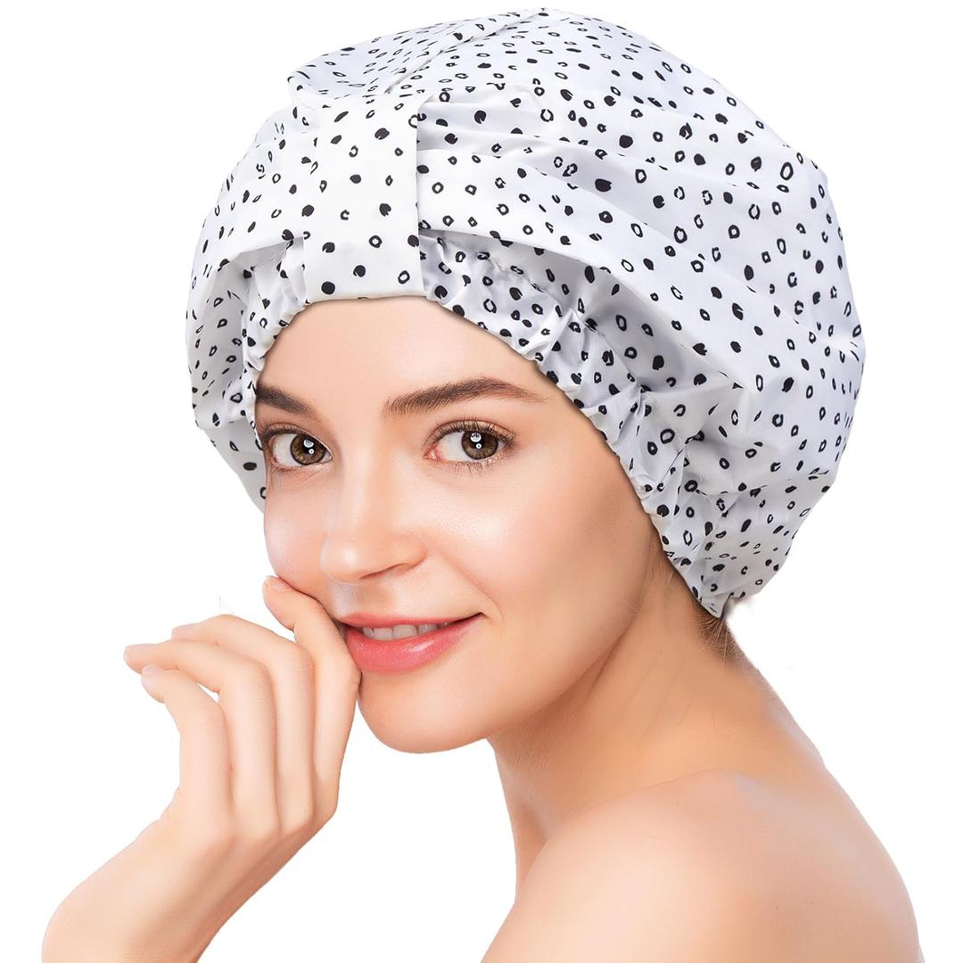YFONG Reusable Shower Cap for Women, Waterproof & Durable Bath Cap with Double layer Lined, Adjustable Hair Cap for All Hair Lengths, Large Bathing Hat (white) (Black Spot)
