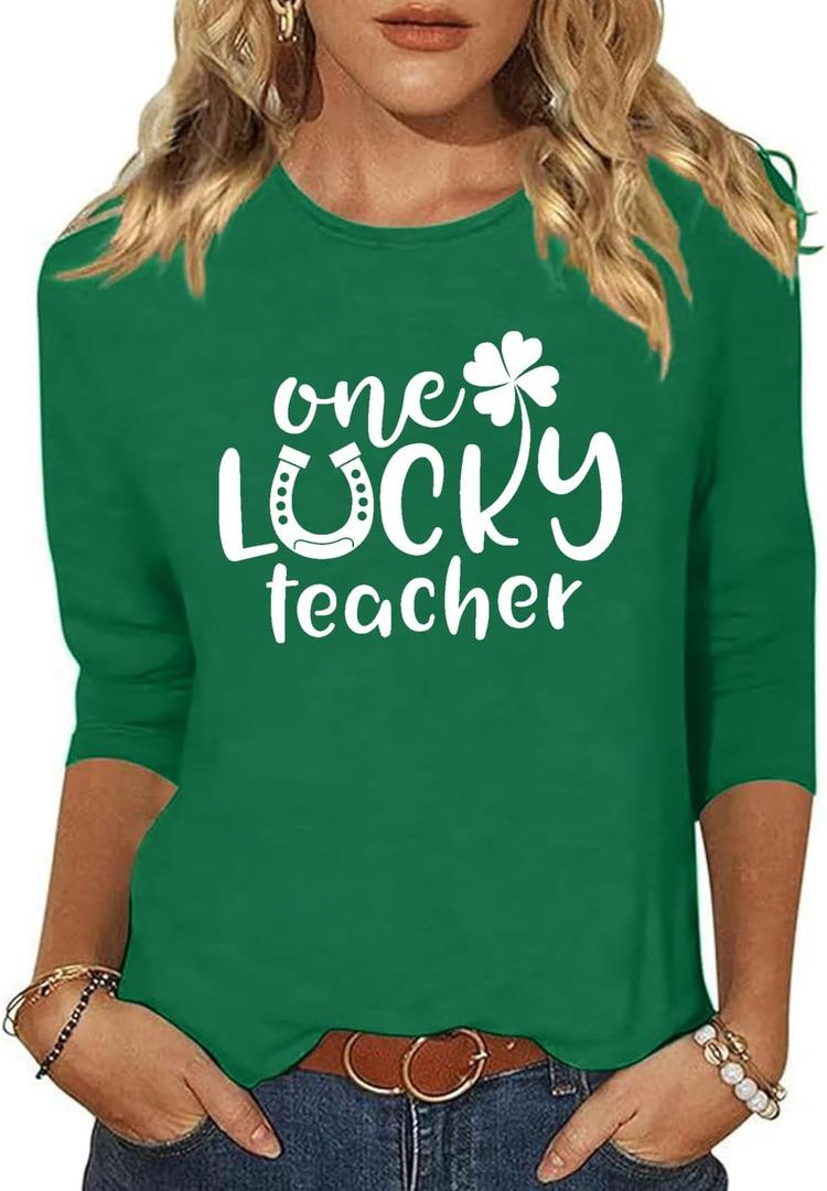 St Patricks Day Shirt for Women 3/4 Sleeve Lucky Clover Heart Shirts Irish St Paddys Day Tee Tops (Green, XXL)