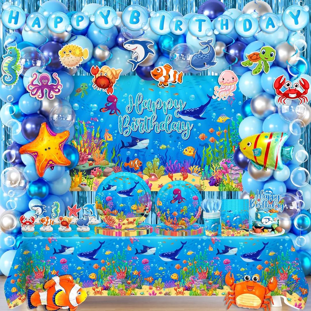 Under The Sea Party Decorations,282pcs Ocean Themed Party Decorations With Under The Sea Plates and Napkins Cups Tablecloth Ocean Backdrop Balloon Arch Cake Toppers For Sea Party Decorations