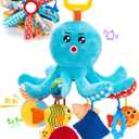 hahaland Baby Toys 0-6 Months - Car Seat Toys Octopus Toy with Pulling Cords, Squeaky, Crinkle, Rattle, Mirror - 3 4 Month Old Toys for Babies Infant Sensory Stroller Carseat Hanging Toy for Baby Gym, Medium, Small