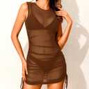 Pinup Fashion Mesh Swimsuit Cover Up Sexy Sheer Swim Coverup Women See Through Dress (Brown, S)