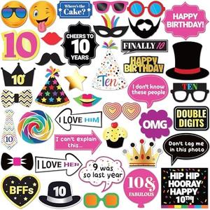 Photo Booth Props Kids 10th Birthday - 41Piece Set, Multicolored - Funny Party Selfie Accessories for Photoshoot by PixiPy