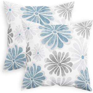 CaliTime Throw Pillow Cases Pack of 2 Cozy Fleece Two-Tone Blooming Flowers Decorative Cushion Covers for Couch Bed Sofa Farmhouse Decoration 18 X 18 Inches Smoke Blue Grey (18" x 18" (Pack of 2))