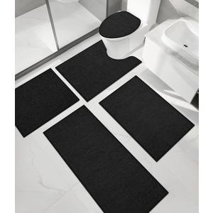 chakme Bathroom Rug Sets 5 Piece, Ultra Thin Bath Mat Quick Dry, Absorbent, Non Slip, Machine Washable, Black