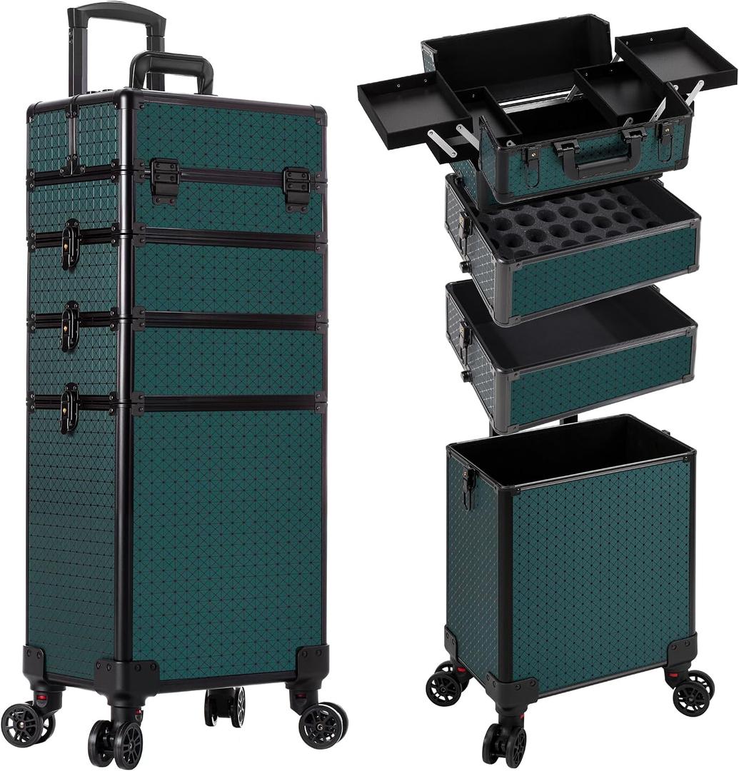AROUS Rolling Makeup Train Case 4 in 1 Cosmetology Case on Wheels Large Storage Cosmetic Trolley with Key Salon Barber Traveling Cart Trunk, Green