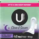 U by Kotex Clean & Secure Overnight Maxi Pads with Wings, Extra Heavy Absorbency, 48 Count (2 Packs of 24) (Packaging May Vary)