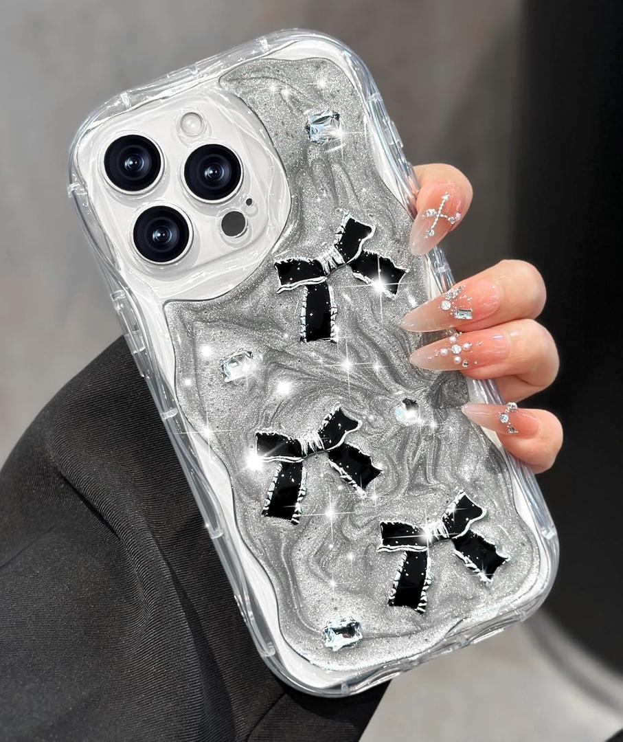 Toycamp for iPhone 15 Pro Case Cute - Women Girly Girls Glitter Phone Cover 15Pro Kawaii Sparkle Bling Shine Aesthetic Pretty Unique Wave Design Funda for Apple 15 Pro, Black Bowtie