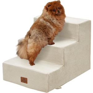 Joydeco Dog Stairs for Bed 15" H, 3-Step Pet Steps for Small Dogs and Cats, Dog Steps for High Bed, Non-Slip Balanced Ramp Indoor Pet Stairs, Beige