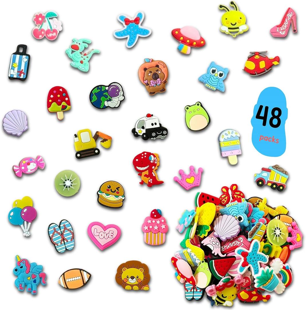 Cute Cartoon Shoe Charms for Kids School Classroom, 48 Assorted Shoe Charms Kit for Kids Classroom Gifts Exchange Party Favors for Boys Girls