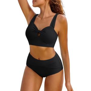 Hanna Nikole Bikini Sets for Women V Neck Tummy Control Swimsuits Criss Cross Two Piece Swimsuits Front Twist Cut Out Tops (XX-Large, Black)