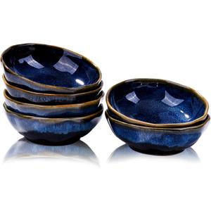 Ceramic Soy Sauce Dishes Set of 6 Dipping Bowls for Sushi Snack Condiments (Blue Kiln)