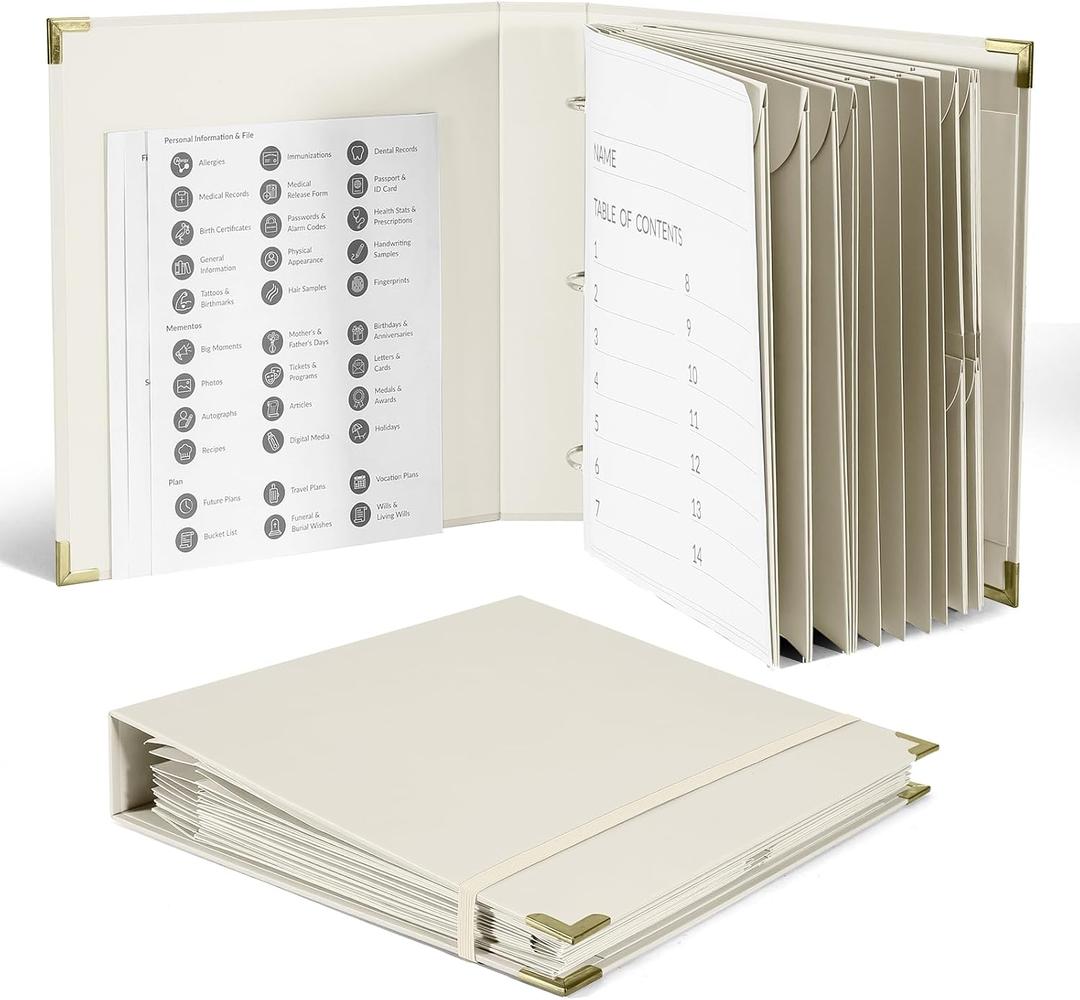 3-Ring Important Document Organizer Life File Manager with Labels Folder Organize Sturdy Hardboard Expanding Pockets for Important Papers, Passports, Letters, Birth Certificates (Beige)