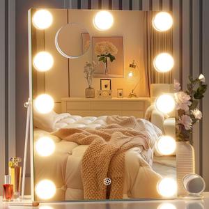 Hasipu Vanity Mirror with Lights, 11" x 14" Hollywood Mirror, Makeup Mirror with 11 Dimmable Bulbs and 10X Magnification, 3 Colors Modes, Touch Control, USB Charging Port, 360 Rotation, White
